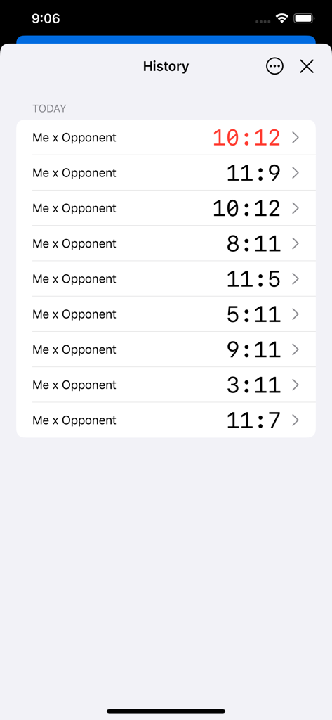 Match Point: Score Tracker - Una lista de marcadores y resultados de partidos pasados en la pantalla de historial de la aplicación Match Point