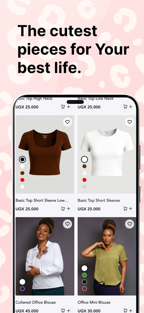 WAYA mobile app interface displaying a selection of trendy tops and office blouses