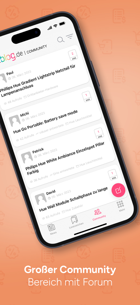 Hueblog - Screenshot of the Hueblog app showing the community forum with discussions about Philips Hue and smart home lighting