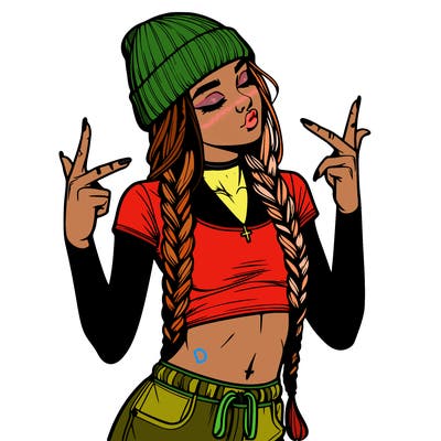 realistic teenage girl with braids and a beanie and crop top doing 🫶🏼