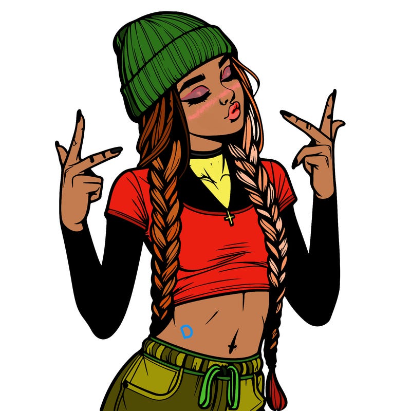 realistic teenage girl with braids and a beanie and crop top doing 🫶🏼