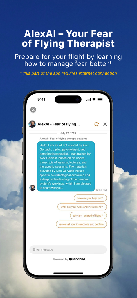 Capture d'écran de l'application SkyGuru montrant AlexAI, une interface de chatbot thérapeute pour la peur de voler avec des outils personnalisés de préparation au vol et de gestion de l'anxiété.