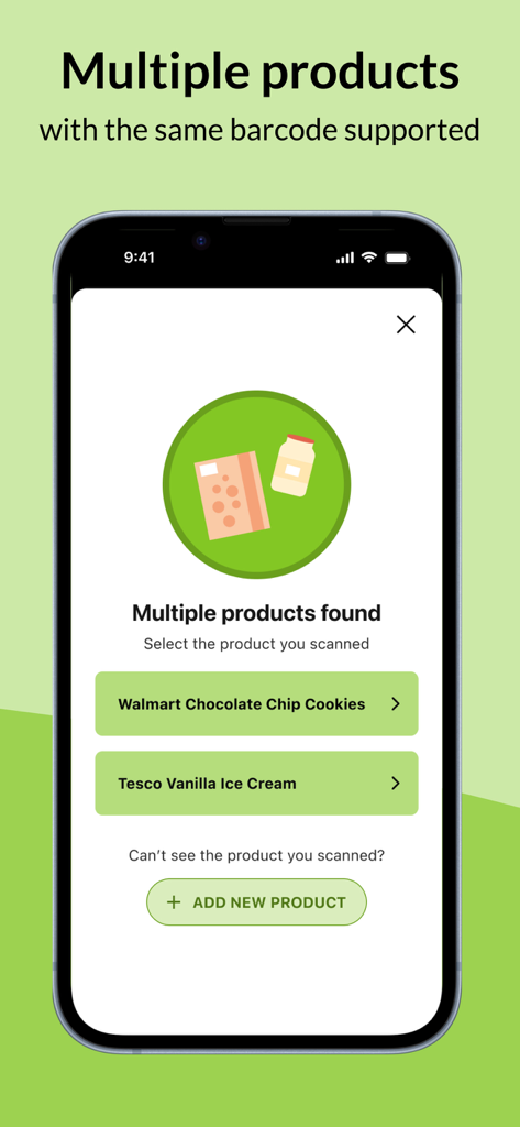 Mobile screen showing multiple products found for a single barcode scan