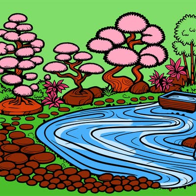 a serene zen garden with raked gravel, bonsai trees, and tranquil ponds