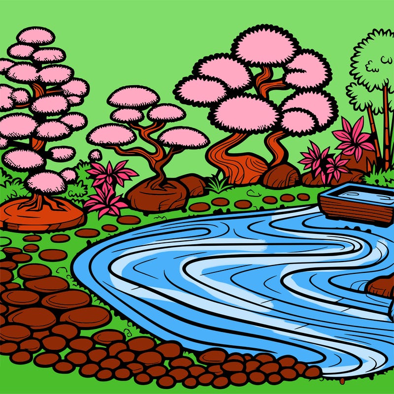 a serene zen garden with raked gravel, bonsai trees, and tranquil ponds