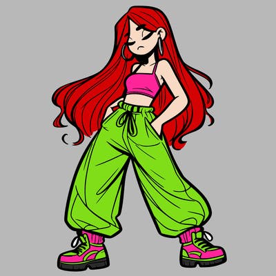 girl in baggy pants crop top and long hair