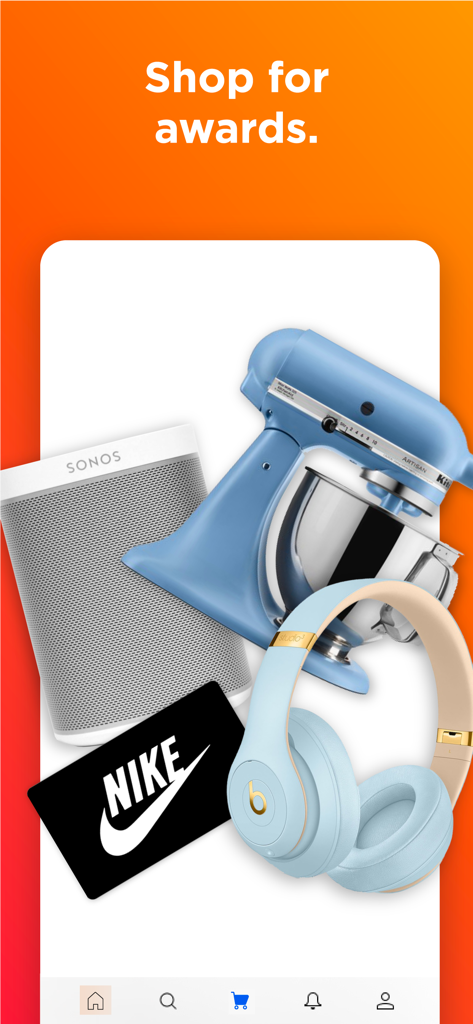 Shop for awards screen showing a Sonos speaker, KitchenAid mixer, Nike gift card, and Beats headphones.