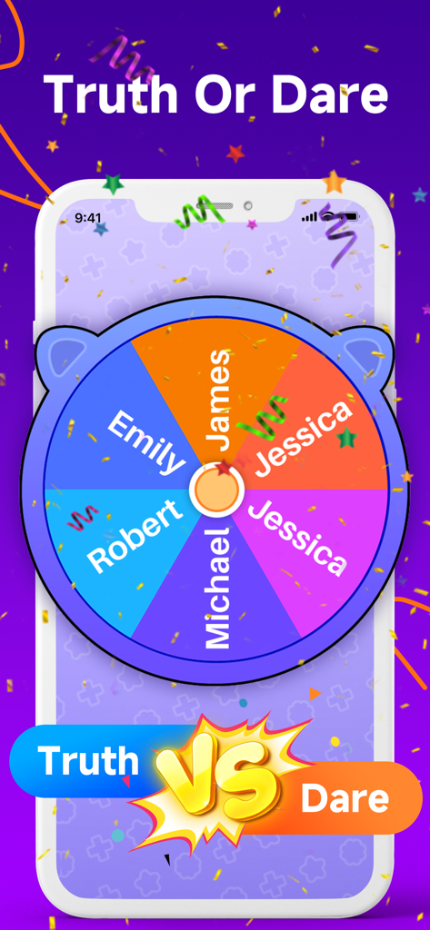 Wheel Spinner • Random Picker - A mobile app interface displaying a colorful truth or dare spin wheel with names like Emily, James, and Michael surrounded by confetti.