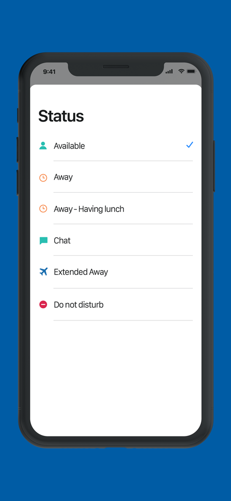 User status selection screen in the Sangoma Chat app showing available away and do not disturb options