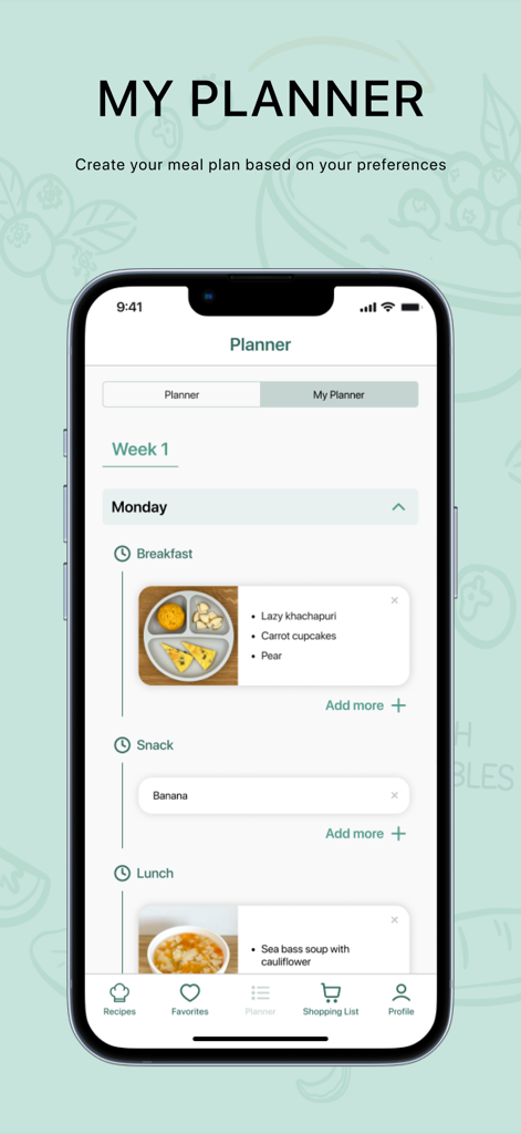 Baby Plates - Interfaz del planificador de comidas de la aplicación Baby Plates que muestra un horario semanal de recetas de comida para bebés.