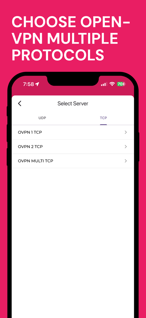 AM Tunnel Lite App-Bildschirm zur Auswahl von OpenVPN TCP-Serverprotokollen