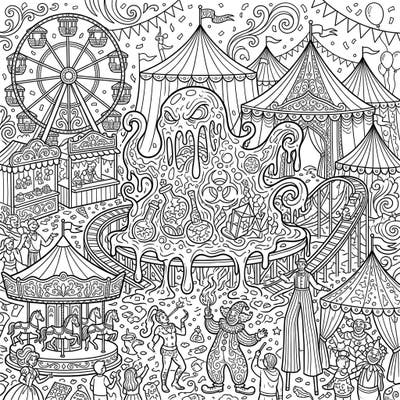 Step right up to a truly unique coloring adventure featuring a menacing toxic slime amidst the joyful chaos of a carnival. This detailed page offers intricate elements from circus tents to performers, promising hours of creative fun.