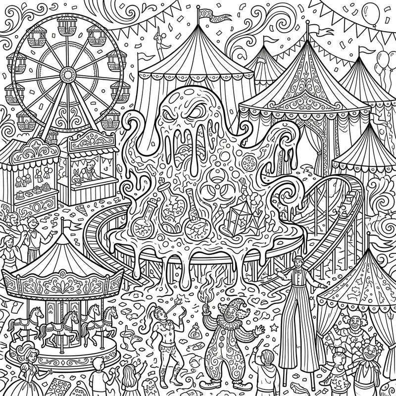 Step right up to a truly unique coloring adventure featuring a menacing toxic slime amidst the joyful chaos of a carnival. This detailed page offers intricate elements from circus tents to performers, promising hours of creative fun.