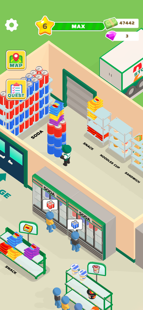My Dream Store! - A store manager character carrying a large stack of soda cans and snacks to stock shelves in a supermarket simulation game.