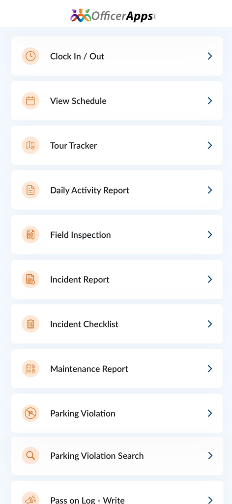 OfficerApps main menu displaying security guard features like clock in tour tracker and incident reports