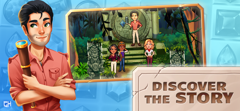 Jewel Quest - Match3 Adventure - An adventurous male character with a telescope and a group of explorers at ancient ruins in Jewel Quest Match3 Adventure.