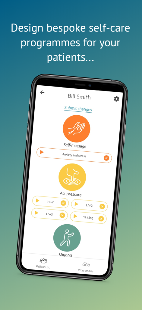 Interfaz de la aplicación Jing para que los profesionales diseñen programas de autocuidado personalizados que incluyen digitopresión y masaje
