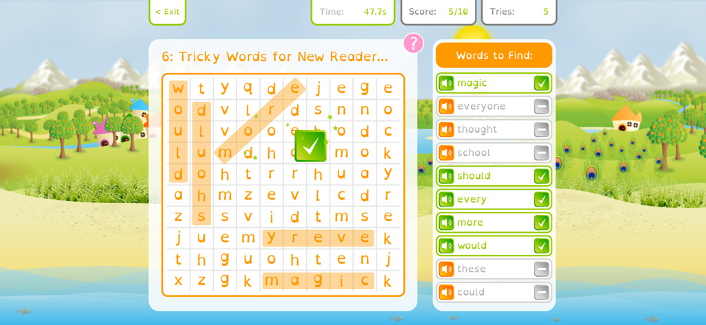 Squeebles Spelling Connect - A word search puzzle featuring tricky spelling words in the Squeebles Spelling Connect app.