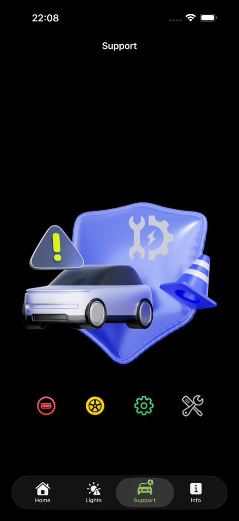 Support screen of the Support EV Cars app featuring maintenance icons and a 3D electric vehicle graphic.