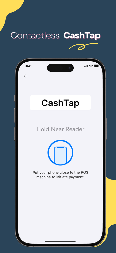 CashMobile app screen demonstrating the CashTap contactless payment feature with instructions to hold near a reader
