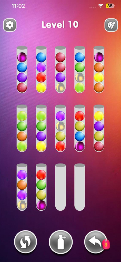 Ball Sort : Puzzle Color Game - Gameplay screen of Ball Sort Puzzle Color Game level 10 showing colored balls in glass tubes.