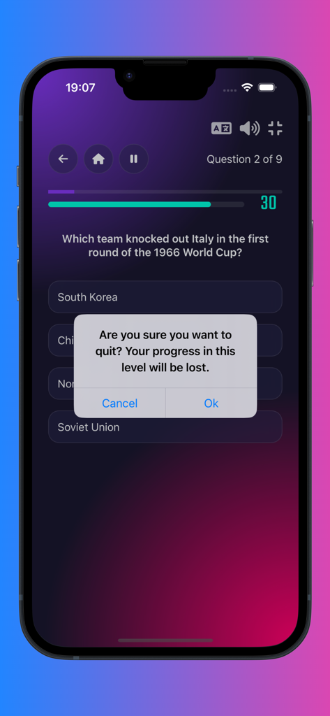 Football quiz games - Football trivia question screen with a quit confirmation alert box
