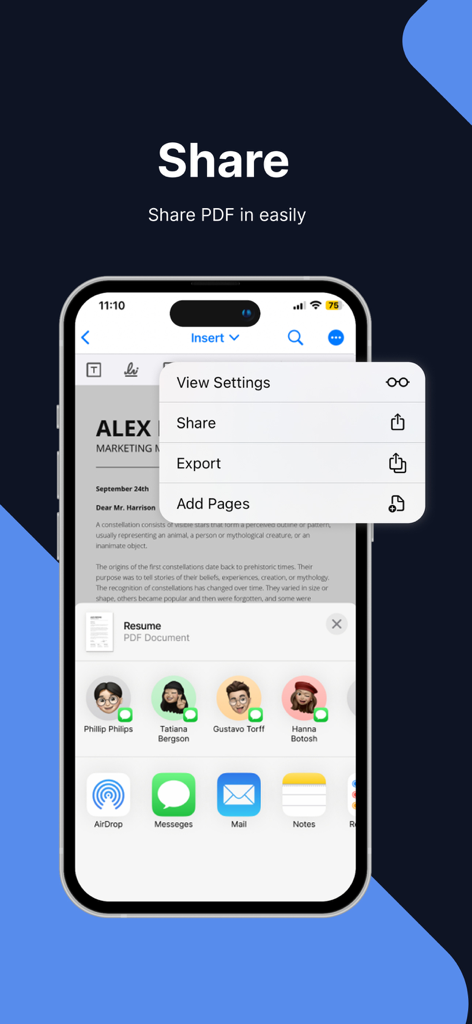 Office Word Editor-Docs, Share - Un'interfaccia mobile che mostra le opzioni di condivisione ed esportazione dei documenti per un file PDF all'interno dell'app Editor di Testo per Office