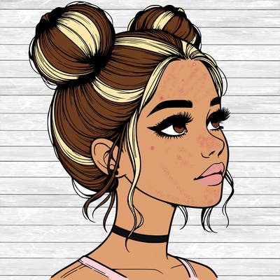 realistic girl with buns on the top of her head
