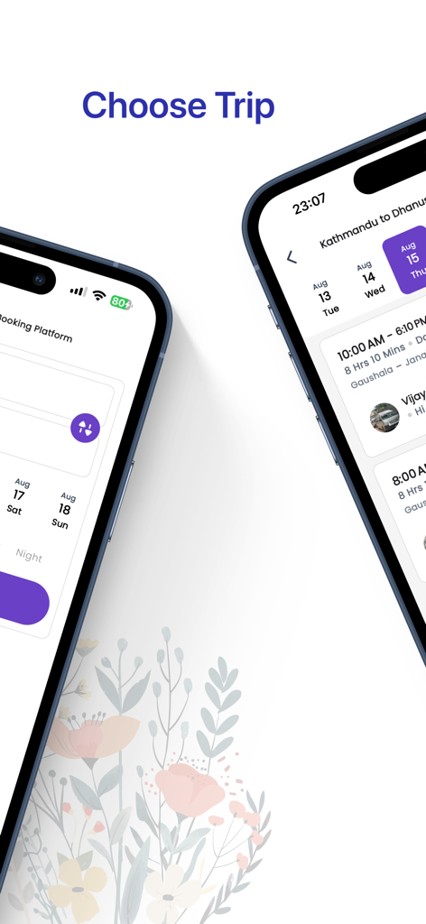 Go My Go - Book Bus Tickets - Pantalla de la aplicación Go My Go para seleccionar viajes y horarios de autobús en Nepal