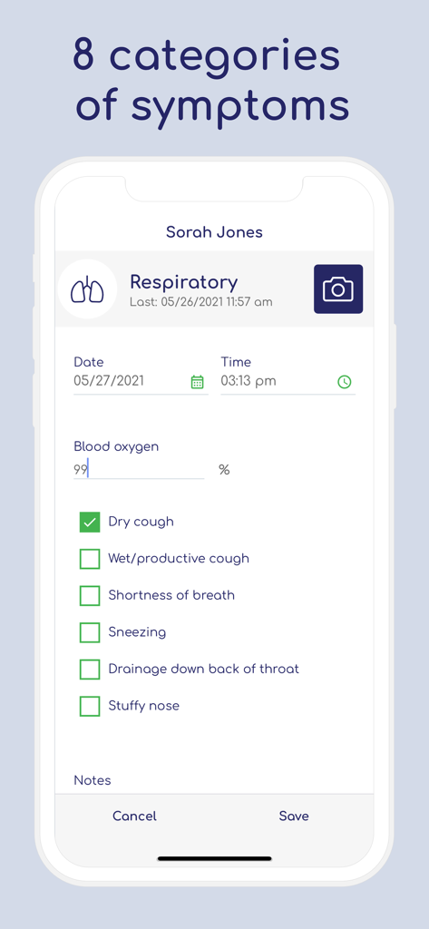 Interface of the Talli Health app showing a respiratory symptom tracking form with blood oxygen levels and cough checklists