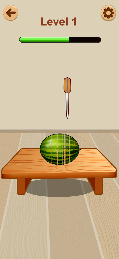 Tidy Fidget ASMR: Antistress - Nivel 1 del juego Tidy Fidget ASMR con una sandía y un cuchillo sobre una mesa de madera