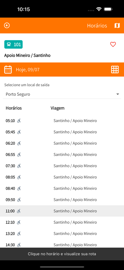 Captura de tela da tela de horários de ônibus no aplicativo Otimo Plus mostrando horários de partida e rotas.