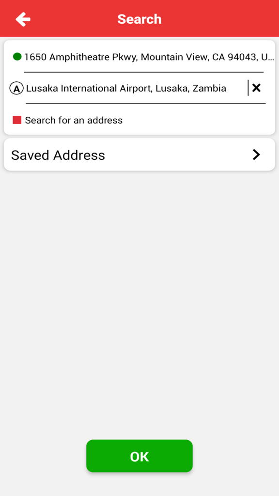 Ja Ride - Interfaz de búsqueda de direcciones en la aplicación de reserva de taxis Ja Ride con campos de recogida y destino