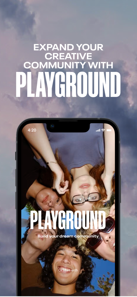 Playground - Un grupo de jóvenes diversos mirando una pantalla de smartphone con el texto Expande tu comunidad creativa con Playground.