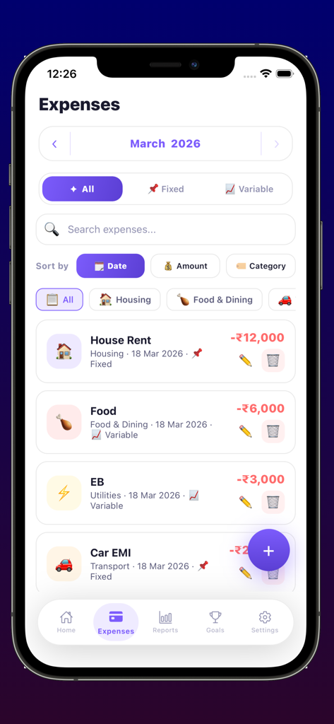 Expense Tracker Budget Manager - Expense Tracker app screen displaying a list of categorized monthly transactions including rent food and utilities