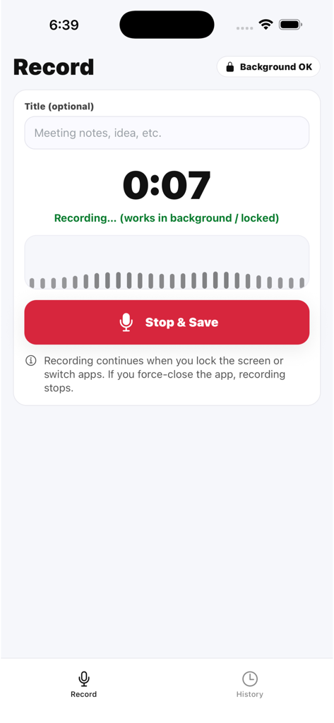 Voice Recorder Studio - Pantalla de grabación de la aplicación Voice Recorder Studio mostrando temporizador activo y forma de onda