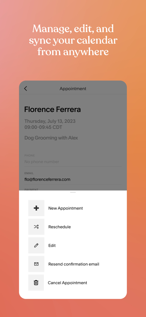 Interface de l'application Acuity Scheduling montrant les détails d'un rendez-vous pour un service de toilettage de chiens avec des options pour reprogrammer, modifier ou annuler.