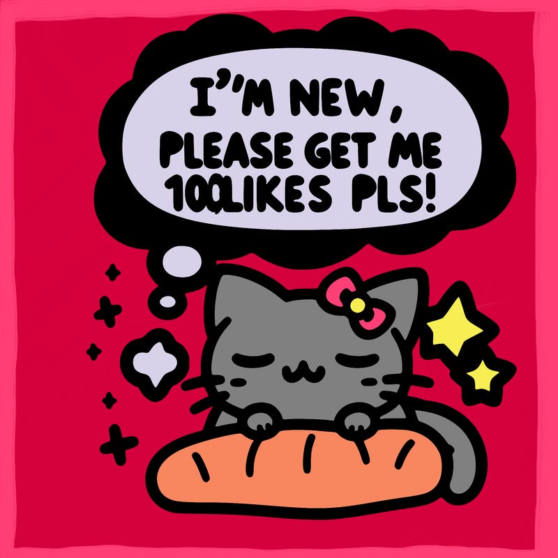 kitty taking a nap dream talking and saying "i'm new, please get me at least 10 likes pls!!"