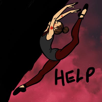 gymnast doing a leap in a leotard with a bent back leg