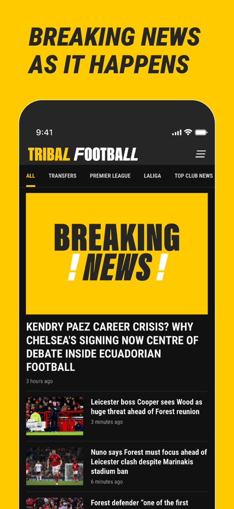 Interface of the Tribal Football app showing a breaking news feed with soccer transfer rumors and club updates