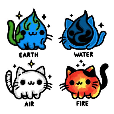 4 cats that represent the different elements, earth, water, air, and fire