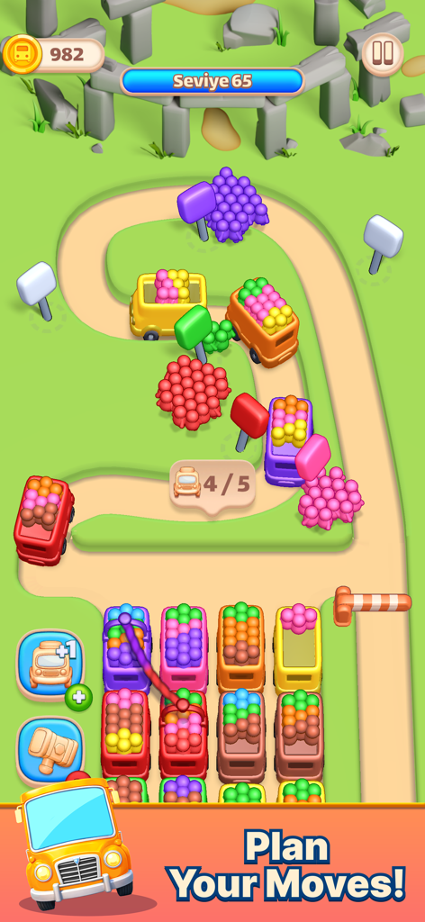 Color Bus Trip - 이동 계획 텍스트가 표시된 버스와 승객이 분류되기를 기다리는 다채로운 모바일 퍼즐 게임 화면