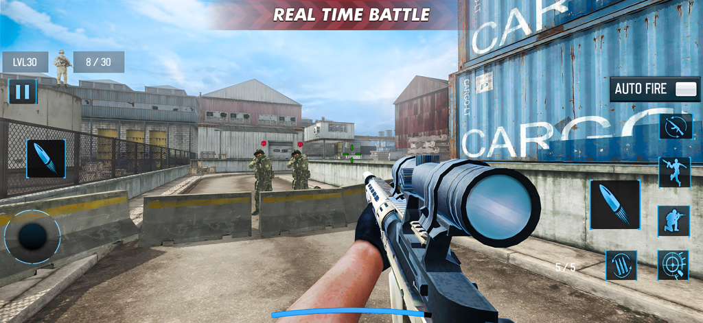 FPS Shooting Strike Game - First person sniper view in a military industrial battlefield