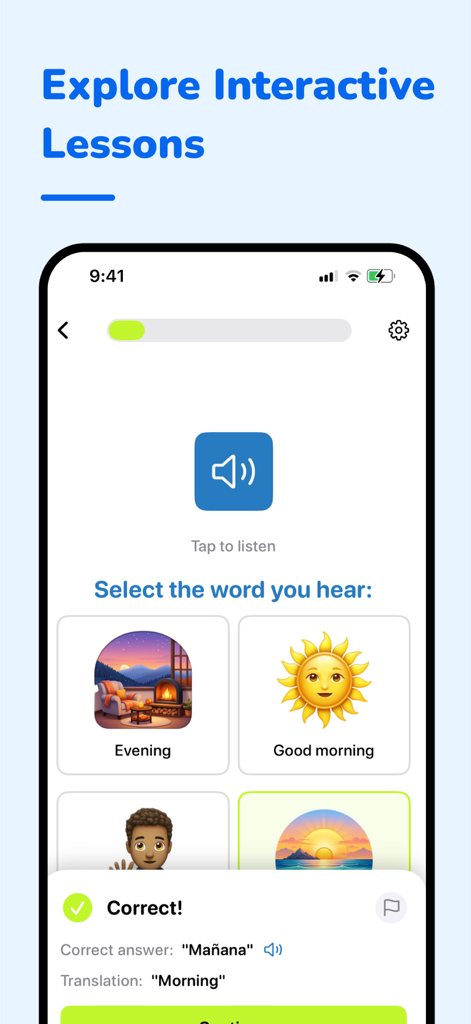 FluentFlow - Captura de pantalla de una lección de idiomas interactiva en la aplicación FluentFlow que muestra un ejercicio de selección de vocabulario.