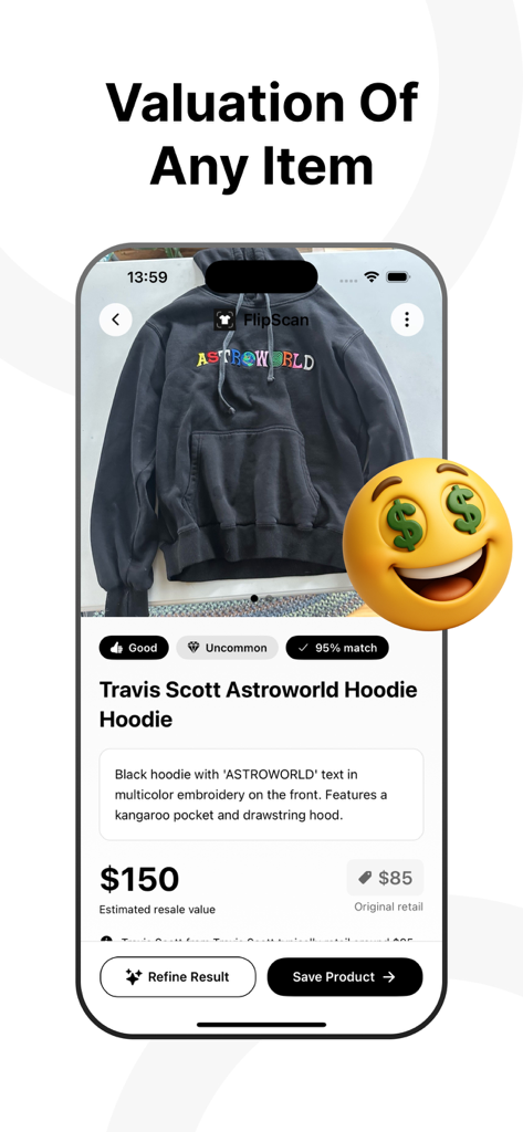 FlipScan: Resell & Thrift AI - FlipScan app screen showing the AI-powered estimated resale value of a Travis Scott hoodie.