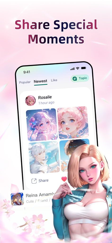 MiloMate-Talk with AI Roles - MiloMate app interface showing a social feed to share special moments with anime AI characters