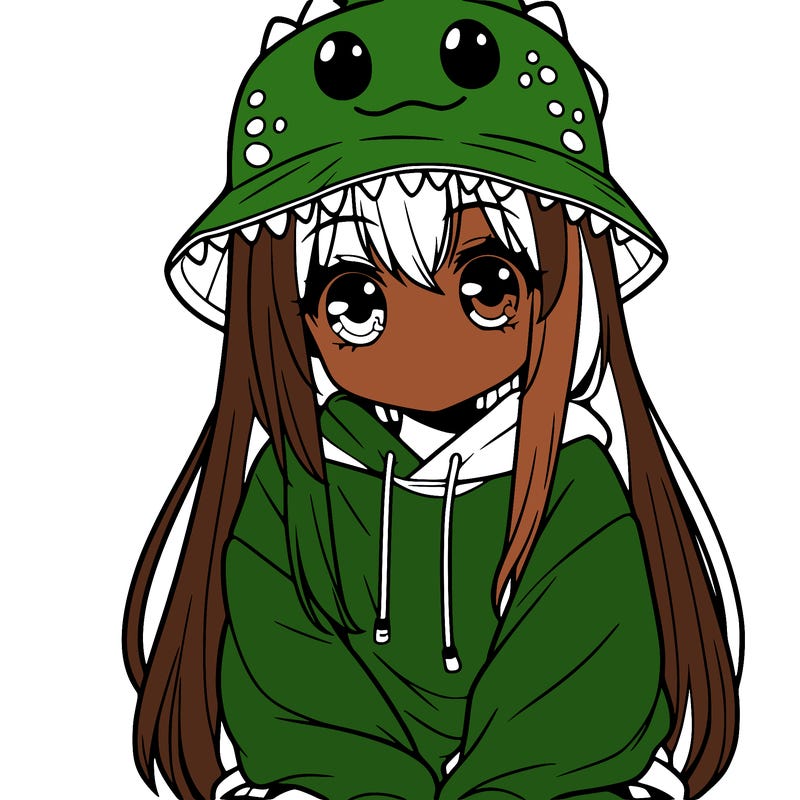 girl with anime shaped eyes with a dinosaur bucket hat oversized sweatshirt long straight hair