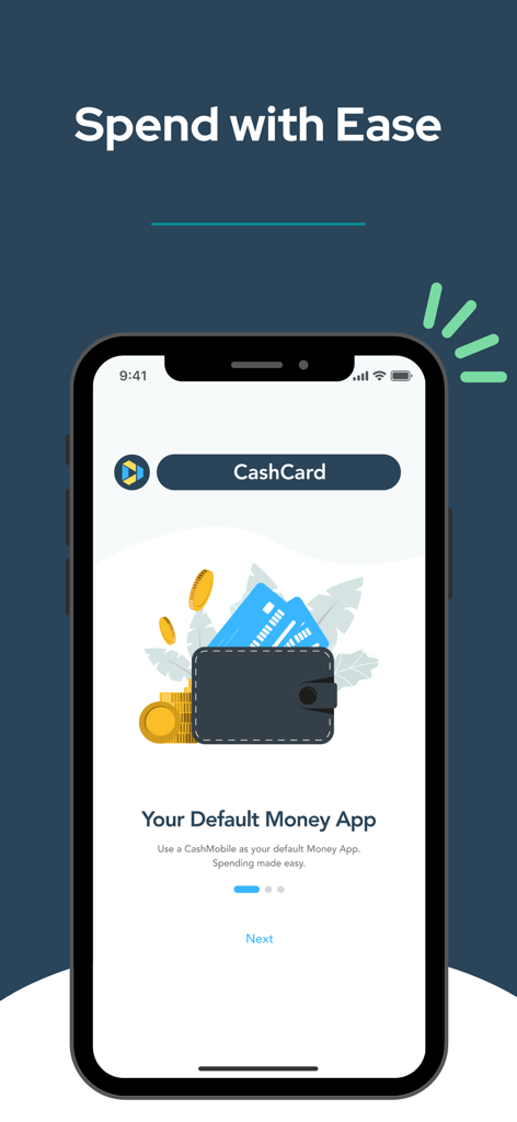 CashMobile app onboarding screen featuring a digital wallet illustration and spend with ease message