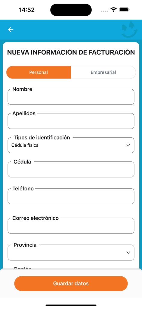 Dos Pinos APP - Formulario de información de facturación en la app móvil Dos Pinos mostrando campos para identificación personal y detalles de contacto
