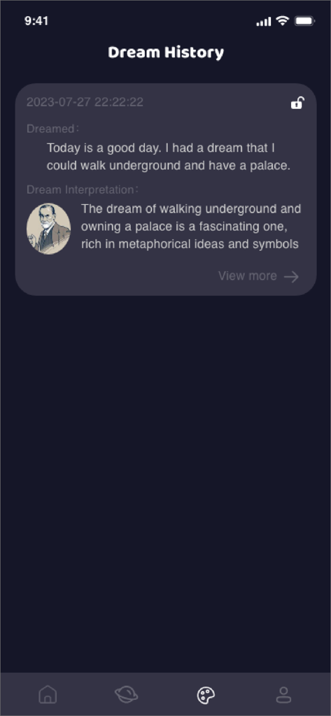 Dream AI - Dream Methodologies - A screenshot of the Dream History page in the Dream AI app displaying a recorded dream and a psychological interpretation preview